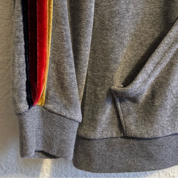 RARE Aviator Nation Velvet Rainbow 5 Stripe Drawstring Pullover Hoodie Gray S - Picture 3 of 6